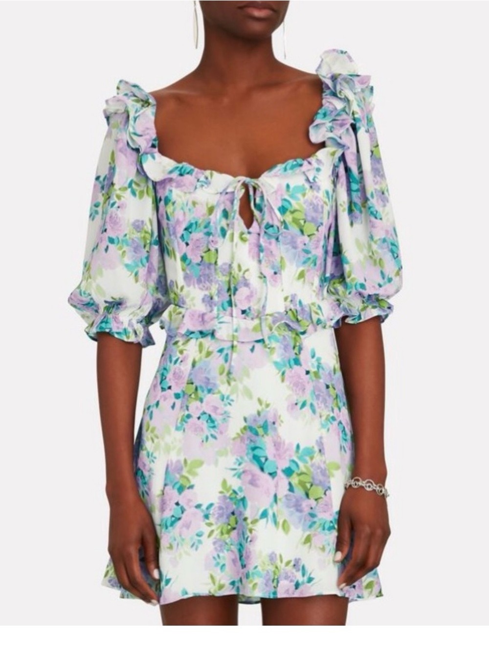 For Love And Lemons Imogen Floral Mini Dress in White, Lavender, Green